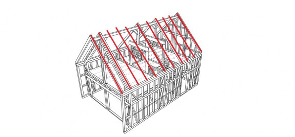 Krokwie ułożone w poprzek dłuższego boku domu. Więźba z płatwią kalenicową i jętkami dwugałęziowymi