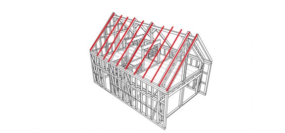 Krokwie ułożone w poprzek dłuższego boku domu. Więźba z płatwią kalenicową i jętkami dwugałęziowymi